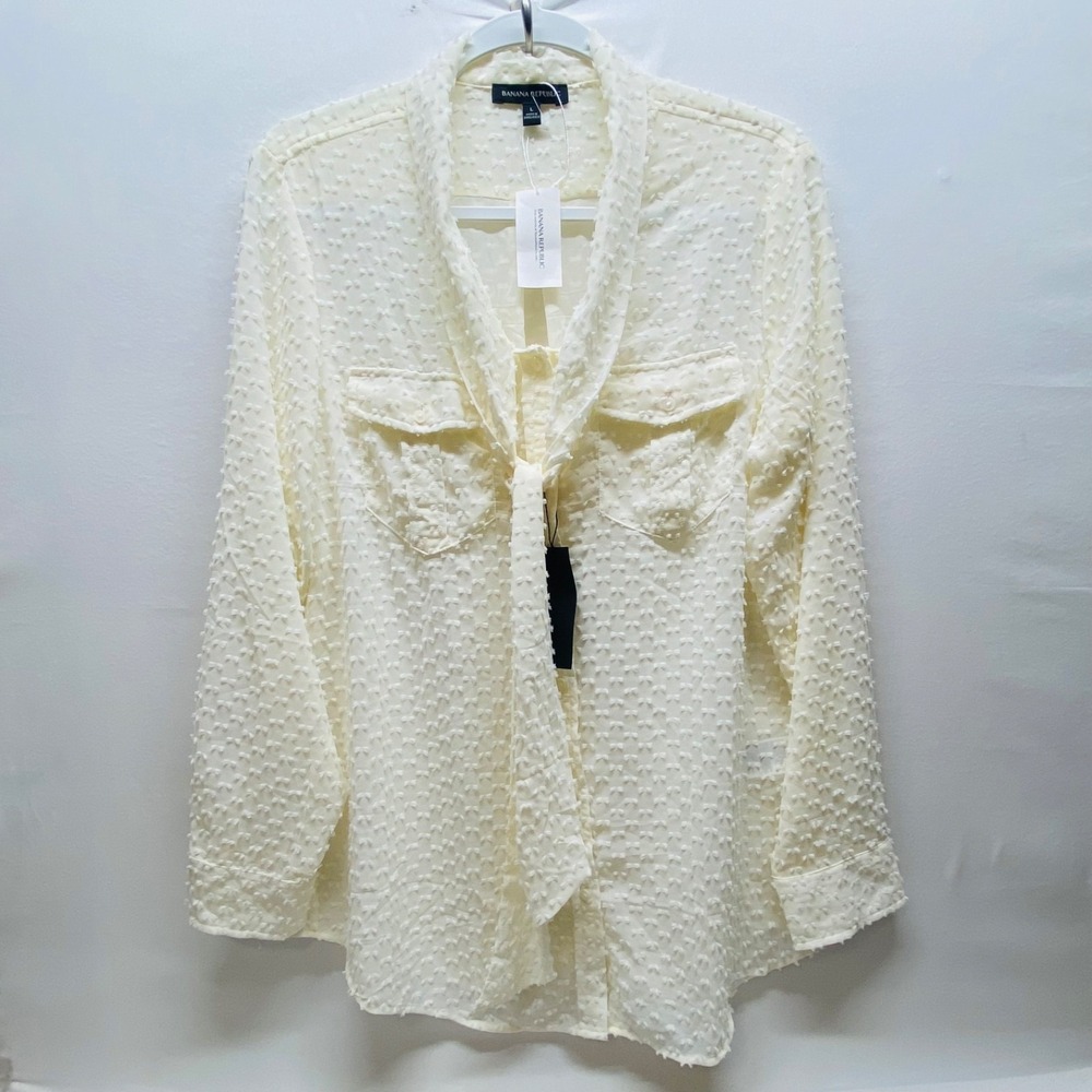 Banana Republic Blouse Women's Large Ivory Sheer‎ BR Swiss Dot Tie Neck Top NWT